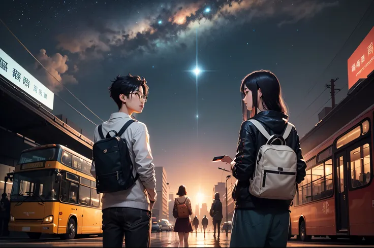 comics， bright starry sky. Romantic bus passing through body of water on road，bus stop，high saturation，Bright colors， Xin Haicheng&#39;s pictures, pure, concept art, Lofi Art style, reflection. author：Xin Haicheng, Lofi Art, Beautiful anime scene, anime sc...