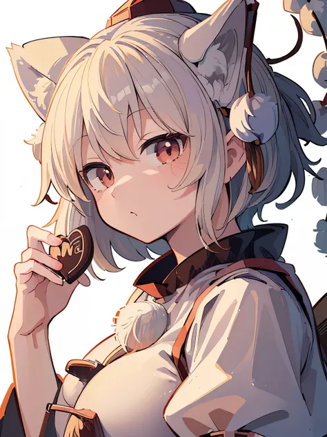 (((masterpiece))), (((best quality))), ((ultra-detailed)), (8K), anime style, (1girl）,(((Momiji inubashiri))),(((touhou project))),white wolf tail,white extra short hair, white wolf ear,,(Handsome),((holding chocolate), up face,