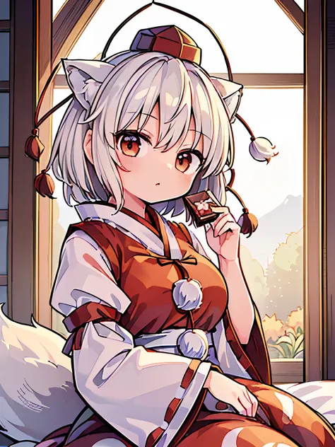 (((masterpiece))), (((best quality))), ((ultra-detailed)), (8K), anime style, (1girl）,(((Momiji inubashiri))),(((touhou project))),white wolf tail,white extra short hair, white wolf ear,,(Handsome),((holding chocolate), up face,