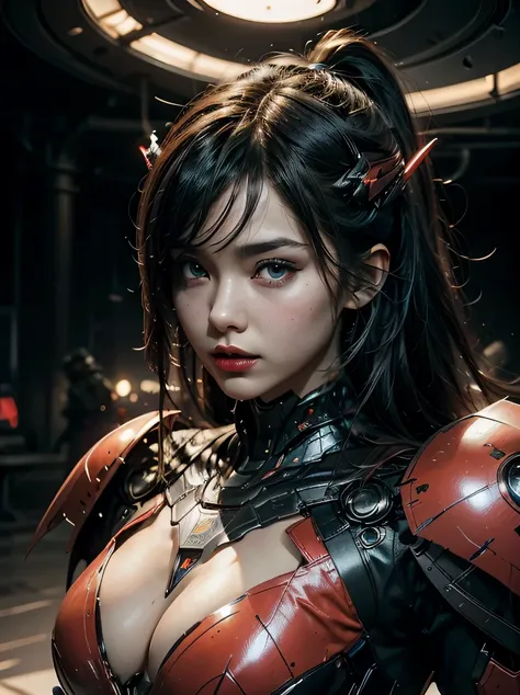 ((masterpiece、highest quality、Super detailed、High resolution、realistic、sharp focus、cinematic lighting))、bust shot、high contrast、future girl、wearing armor、red lips、highly detailed eyes and face、beautiful eyes、Mechanical joint、dark atmosphere、The background ...