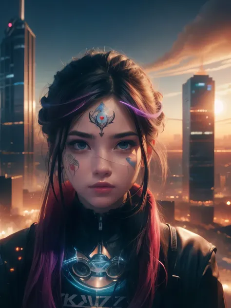 Hyperrealistic portrait of a 18 year old girl with intense gaze, intricate facial tattoos, colorful hair, and vibrant lighting. Set against a dystopian cityscape background, reminiscent of cyberpunk art. Masterpiece digital artwork by Greg Rutkowsky and Ha...