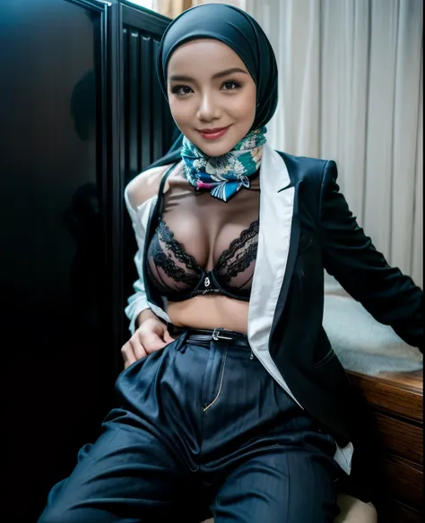 1 malay woman in hijab,((yellow satin bra and panties)),(large buttocks),emphasize ass,smaller chest, laughing smile, (hijab fly...