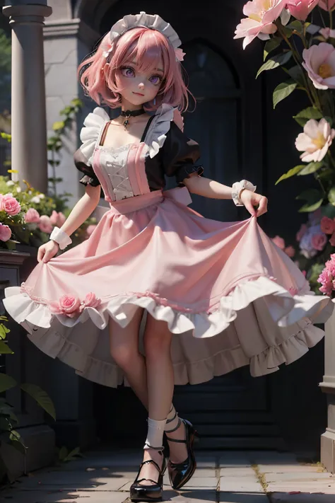 (1 beautiful girl), 20 year old, (glossy pink hair), (wavy bobcut hair;1.12), (1 light pink flower hair ornament:1.18), (vivid purple eyes:1.1), (empty eyes:1.1), light smile, (wearing a black and white maid clothes:1.15), (black choker with white ruffles)...