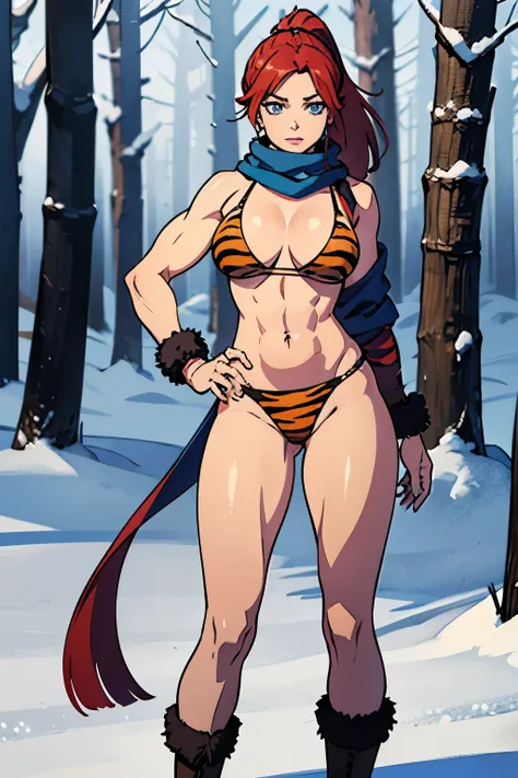 Best high quality, masterpiece quality, full body portrait, cowboy shot, human, 1woman, ((blue eyes)), athletic, muscular, barbarian berserker, large breasts, large hips, redhead long ponytail, grey fur scarf, grey tiger stripe bikini, winter forest backgr...