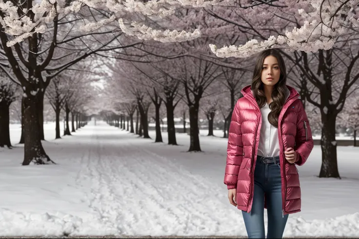 Plum blossom background，cute，Fashion，young woman，full body portrait，wide angle shot，Pink down jacket，light，snow scene，snow，snowy night，cool and warm colors，National Geographic award-winning photography，8K，Uhd，hdr，Perfect details，Advanced color scheme，sharp...