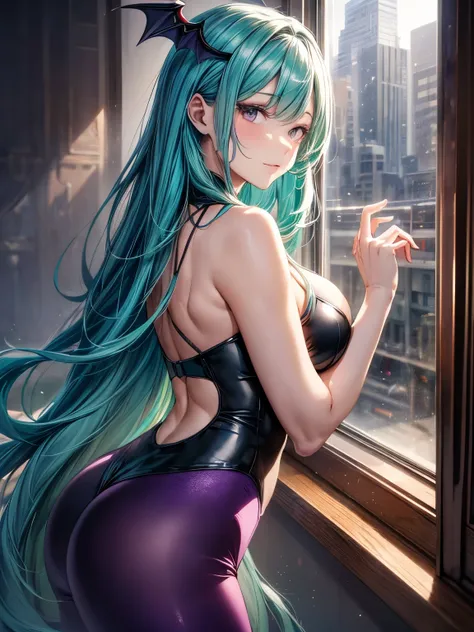 highest quality、complete limbs、Refers to the whole、1 beautiful woman、beautiful big breasted woman:1.3、((morrigan))、((vampire))、((green haired woman))、long hair woman、straight hair、(black leotard)、(((purple leggings)))、feathers are growing、big smile、sexy po...