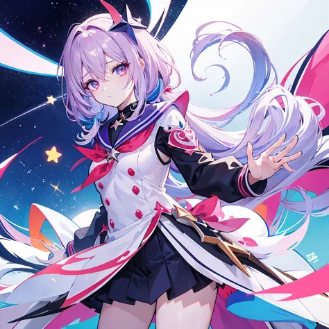 Ilustra al personaje animado Sparkle del juego honkai Star rail vistiendo un uniforme escolar