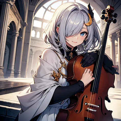 silver hair, hair over one eye, halo, crescent hair ornament, crescent earrings, smile, Mens suits, long skirt, Cello, Asymmetrical stockings, blue eyes, individual, short hair, Long hair on the temples, a girl, Seraphim, Kotoyumi, Cover your hair, Single ...