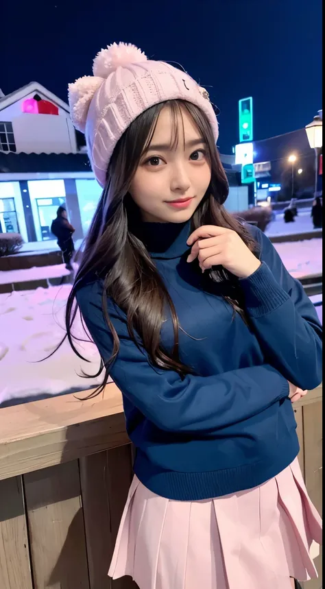 The beauty of winter spreads,outdoors,garden,Night sky ADDCOMM ADDCOL ADDCOL Blue moon ADDROW Snow ADDCOL It&#39;s snowing ADDCOL It&#39;s snowing ADDROW Pink primrose flower ADDCOL 1girl,long hair,black hair,flowing bangs:1.3,green eyes,mole under left ey...