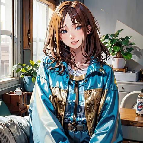 high quality、8K、ultra hd、Women&#39;s room with a calm atmosphere、One cute young woman with a smile、whole body、casual clothes、light brown hair、blue eyes、random pose、3D lighting、2D rendering、art germ、ArtStat Trends、Realistic depiction like a photo、pop of col...