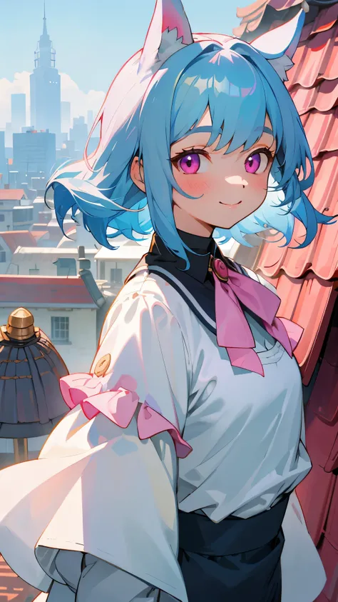 16 year old girl、(long sleeve blouse)、ruffle blouse、Formal style、small breasts、light blue hair、dog ears、pink eyes、From the side、lots of acorns、smile、upper body close-up、Rooftop of urban building area