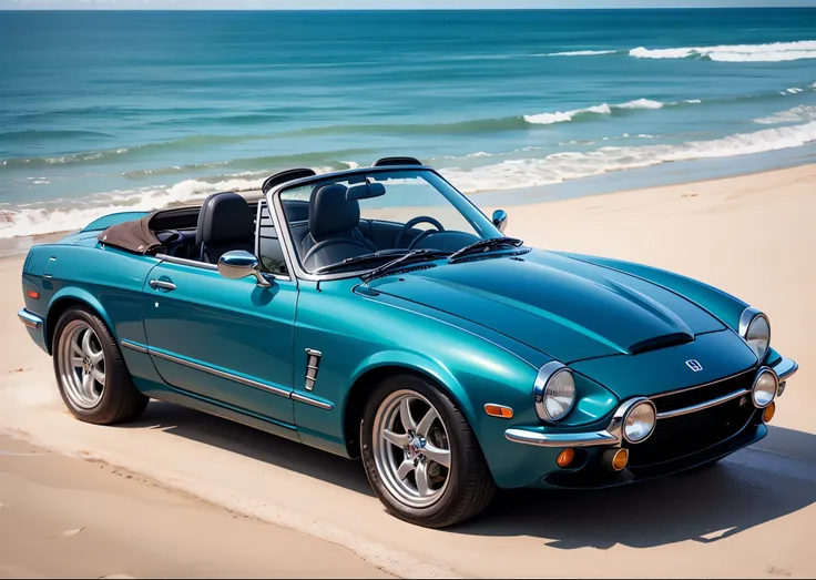 Honda S800 running on the sandy beach、convertible car、A young woman is driving、Sparkling sea、midsummer sun、