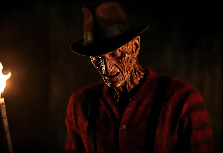 describe a freddy krueger con su atuendo original., hidden in the dark in an alley, pensando en el futuro, spooky alley. (calida...