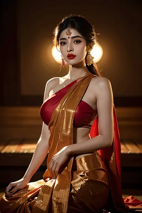 a stunning Indian Bengali woman with an Assamese aesthetic, adorned in a vibrant sari, the rich fabric draped elegantly around her, revealing her tantalizing figure. Her traditional beauty was accentuated by the red nose ring glinting on her nose and the i...