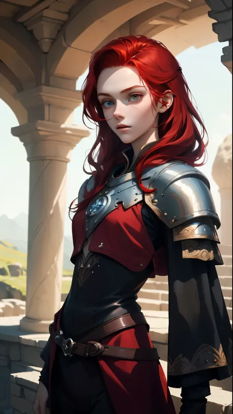 (best quality, masterpiece) perfect face, 18 year old girl, medium , Dragonlance environment, Red hair,