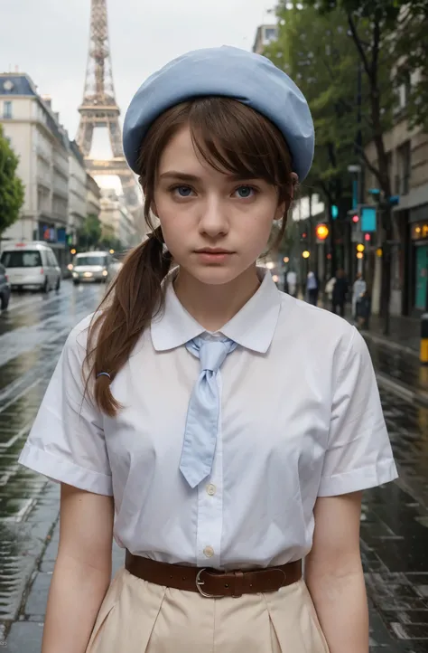 (best quality,hyper-realistic,ultra-detailed,8k), teenager, fifteen years old, shy, sad, paleness, big blue eyes, very white skin, small nose, very short brown hair with bangs, melancholy, delicate, feminine, skinny, elegant school blue uniform, french pin...