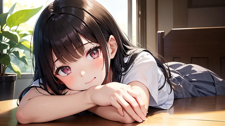 A cute junior high school girl, resting her head on her outstretched right hand, left hand bent, with a slightly open cherry-like mouth, a droplet of saliva delicately escaping. A few strands of hair hanging on her face. The sunlight outside is exceptional...