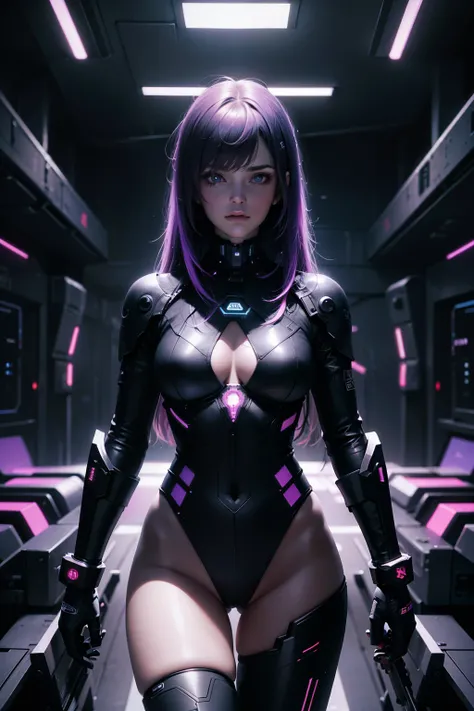 ultra detailed, cyberpunk female, solo in spaceship, futuristic attire, neon lights illuminating her Figure, long, purple hair, piercing, electric blue eyes, high-tech gadgets in hand, intricate tattoos, metallic body modifications, holographic effects, ex...