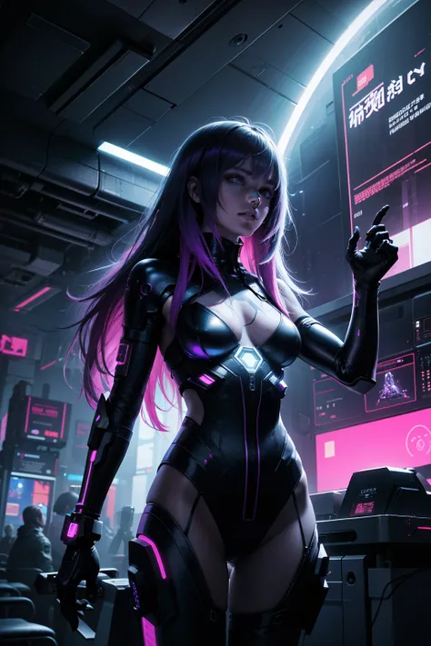 ultra detailed, cyberpunk female, solo in spaceship, futuristic attire, neon lights illuminating her Figure, long, purple hair, piercing, electric blue eyes, high-tech gadgets in hand, intricate tattoos, metallic body modifications, holographic effects, ex...