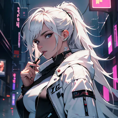 ultra detail, high resolution, ultra detailed, best quality, incroyable, superior quality, fond d&#39;Extremely detailed Unity 8k CG display, Cinema lighting, fangirl aux cheveux blancs, Cyberpunk, woman has decadent beauty, tenant une cigarette, in white ...