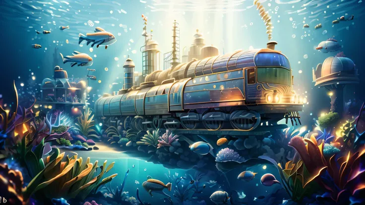 station sous-marine, train souarin, s&#39;train with shells, station shell, Lively atmosphere, poisson, huge floating clock, pastel and golden colors, le soleil filtre dans l&#39;eau, rayon de soleil underwater, rayon de soleil, locomotives à vapeur (eau b...