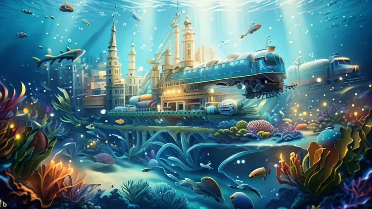 gare sous-marine, rail de train souarin, Lively atmosphere, poisson, huge floating clock, pastel and golden colors, le soleil filtre dans l'eau, moteurs de train à vapeur, les passagers attendent leur train avec impatience. , (best quality, 8K, high re...