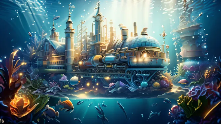 station sous-marine, train souarin, s&#39;train with shells, station shell, lively atmosphere, poisson, huge floating clock, pas...