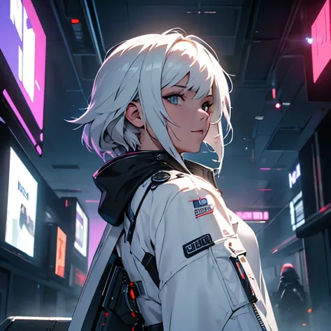 ultra detail, high resolution, ultra detailed, best quality, incroyable, superior quality, fond d&#39;Extremely detailed Unity 8k CG display, Cinema lighting, fangirl aux cheveux blancs, Cyberpunk, jeune fille , tenant une mitrailleuse futuriste, in white ...