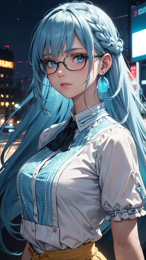 (Girl1, upper body, light blue eyes, slim face),(long wild hair,light blue color hiar, parted bangs, fringes trim, braids hair),(glasses,Yellow Short Sleeve Mesh T-Shirt, Mesh Collar, Wearing Banyon Earrings, Trinkets and Luminous Bracelets),(at night, neo...