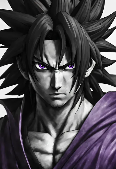 Sasuke Uchiha,Super Saiyan 3 explosive power, existild Spiked silver purple Saiyan Hair , Goku portrait, Minimalist animation art , Badass anime 8k , Complex and gorgeous anime CGI style, Jujutsu Sasuke Uchiha Portrait, Detailed anime character art, Very d...