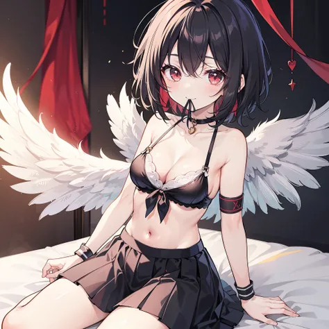 1girl, solo, wings, mouth_hold, red_eyes, choker, skirt, rating:safe, short_hair, shameimaru_aya, breasts, ribbon, striped, shirt, looking_at_viewer, sitting, smile, cleavage, black_hair, rating:questionable, navel, medium_breasts, wristband