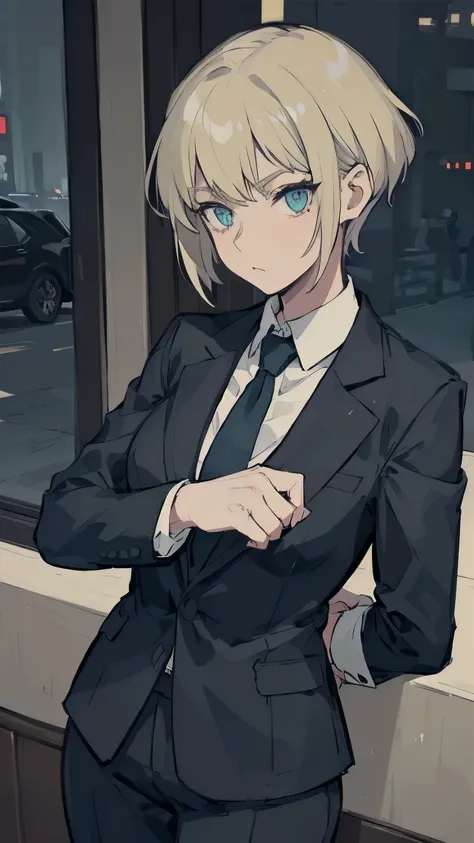 ((Suit clothes))Short haired woman with mullet head，Handsome，indifferent，exquisite eyes，Celluloid style