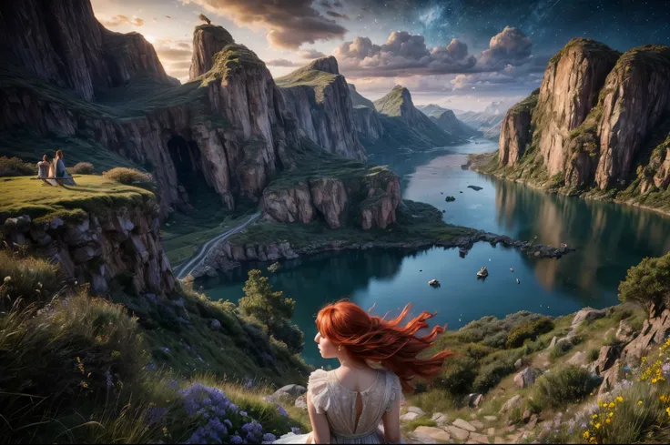 27 year old girl in a random world, red hair, hair blowing in the wind, dress blowing in the wind, [freckles], dizzying and breathtaking stunning landscapes all around, ultra-detailed environment, complex, fine details, style of Rembrandt and Pino Daeni, w...