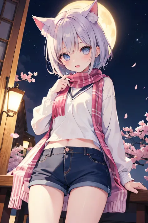 Very beautiful and shining eyes、shining eyes、1 girl、small breasts、big mouth、high school girl、small breasts、Cat ear、Transparent pink short hair、scarf、hot pants、cherry blossoms、night