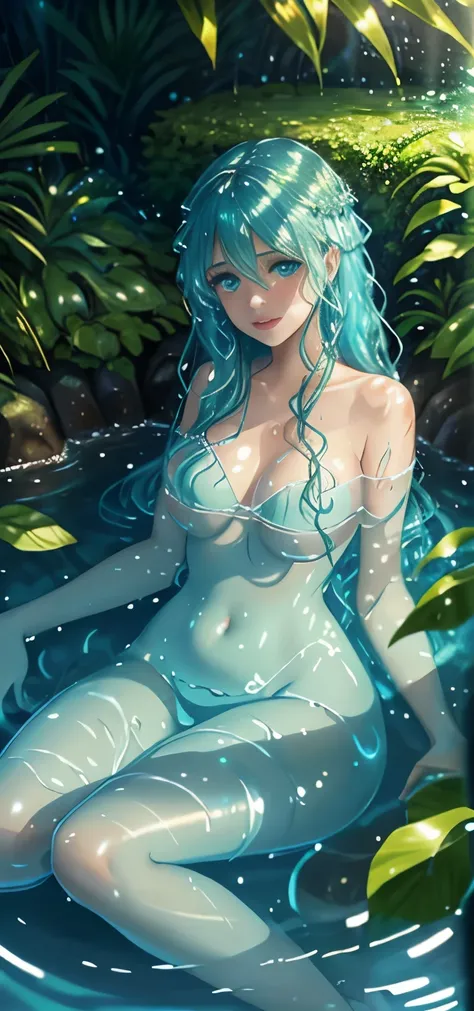 water nymph,naiad,dripping wet,(body made of water,seethrough,transparent light Blue skin, submerged underwater, floating),beautiful detailed eyes,beautiful detailed lips,sitting in a fountain,bubbles,rippling water surface,wavy hair,glimmering sunlight da...