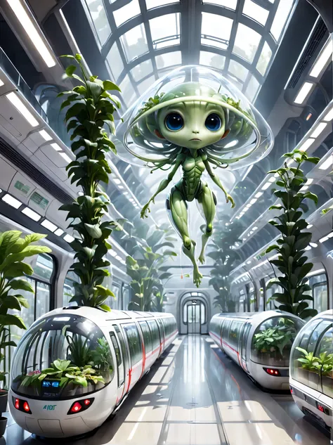 Brand new spacious and tall station hall，brand，Aerobics Train Station，Cute little transparent alien，transparent train，A train full of plants，high-end，advanced，Clean，neat