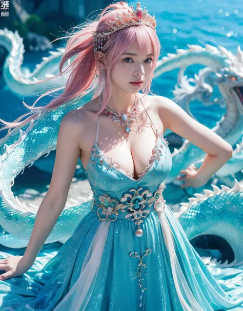 (very heavy chest)、highest quality、masterpiece、ultra high resolution、（ice dragon armor）、(((Metal製))),(((big breasts)))、(((pink micro bikini))),(she wears a beautiful crown made of precious stones.),(Photoreal:1.4)、RAW photo、1 girl、(((random hair))、(((color...