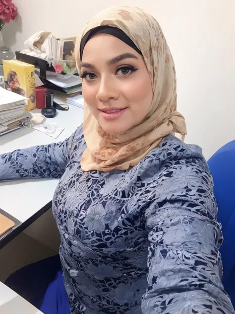 (HIJAB), (Malaysia female), age 55, 8K, phototrealism, photorealism, portrait, 85mm lens, depth of field, delicate skin luster, blindfolded, plump lips, chubby, white camisole, professional lighting, mini skirt