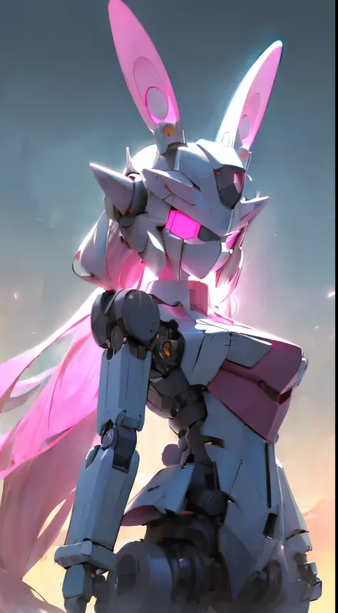 a (robot:1.6) with sleek and menacing design, glowing eyes, long hair, asymmetric body, highly detailed, 1girl, love, cute，rabbit ears，pink mecha