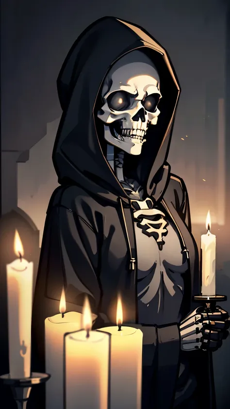 skeleton wearing black hoodie, top, holding silver candle with luminous candles, dark room, horror,Very details CG, module, 8K wallpapers, top quality, high precision, beautiful lighting, realistic shade, high precision, detailed skin, very detailed