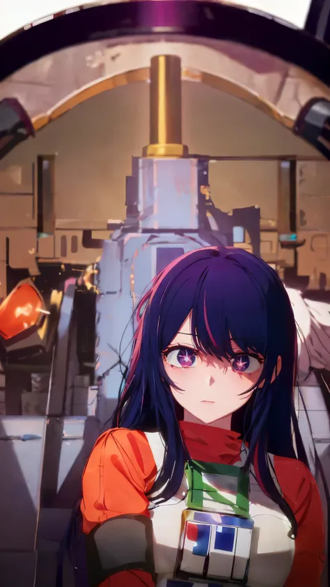 masterpiece, best quality Hoshino Ai, long hair, purple hair, streaked hair ,purple eyes, star-shaped pupils, hair ornament, rebel pilot suit cockpit view