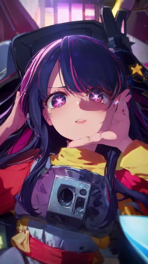 masterpiece, best quality Hoshino Ai, long hair, purple hair, streaked hair ,purple eyes, star-shaped pupils, hair ornament, rebel pilot suit cockpit view