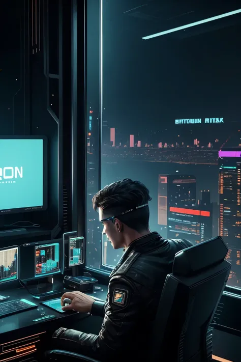 a man who live in cyberpunk futuristic city seat in the front of computer seeing bitcoin chart with bitcoin logo on the screen of the computer