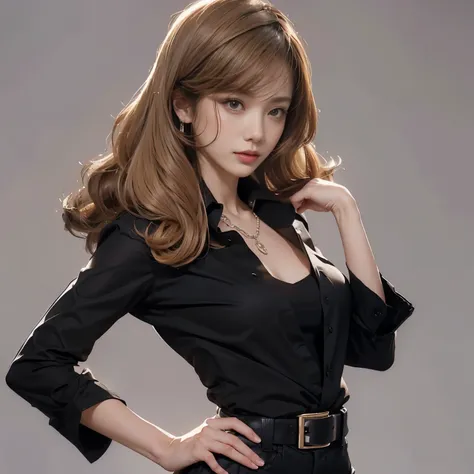 realistic photo、８ｋ、realistic skin texture、fujiko mine、black shirt、high heels、concrete background