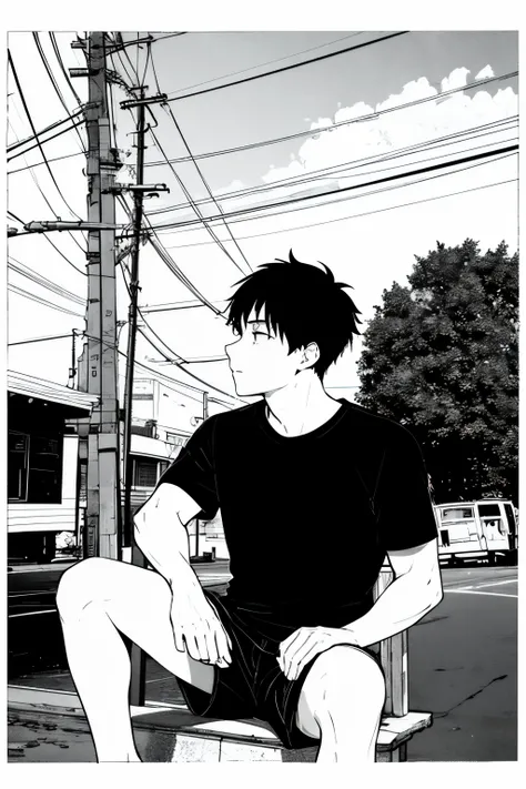 A guy sitting down near a electric post, black hair,  tshirt, shorts