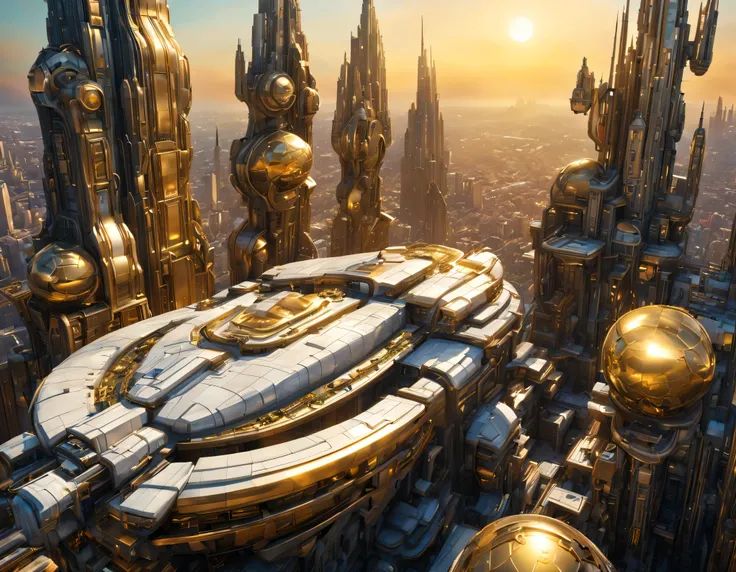 (golden hour lighting), megacity, megalopolis of an imaginary world of science fiction , parecido a una disneylandia futurista, and maximum fantasy, con inmensos edificios y rascacielos ovalados y dodecaedricos agrupados de metal y cristal donde predomina ...