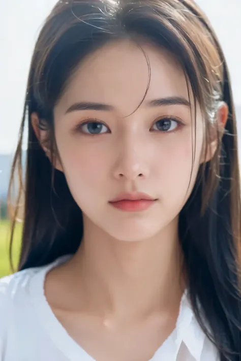 Alafed woman with long hair and white shirt staring at camera, young cute wan asian face, Young adorable Korean face, girl cute-fine-face, Young cute face, detailed face of a asian girl, soft portrait shot 8 k, the face of a beautiful Japanese girl, cute n...