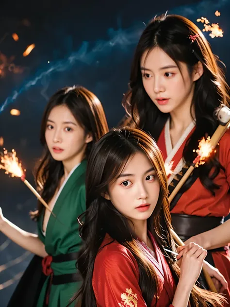 4 girls,beautiful japanese girl,long hair, carrying a katana, and a dragon fire background,behind her and colorful particle effects that shift towards red laser in the style of hyperrealistic photography, capturing every intricate detail, intense facial ex...