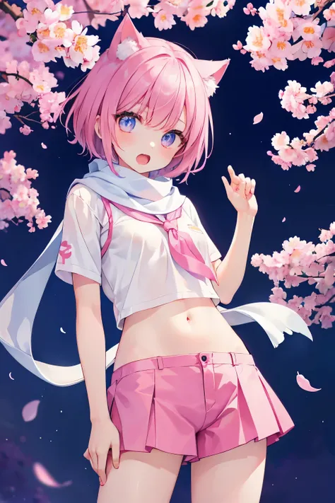 Very beautiful and shining eyes、shining eyes、1 girl、small breasts、big mouth、high school girl、small breasts、Cat ear、Transparent pink short hair、scarf、hot pants、near future、neon、Cherry blossoms at night、Tsukimi