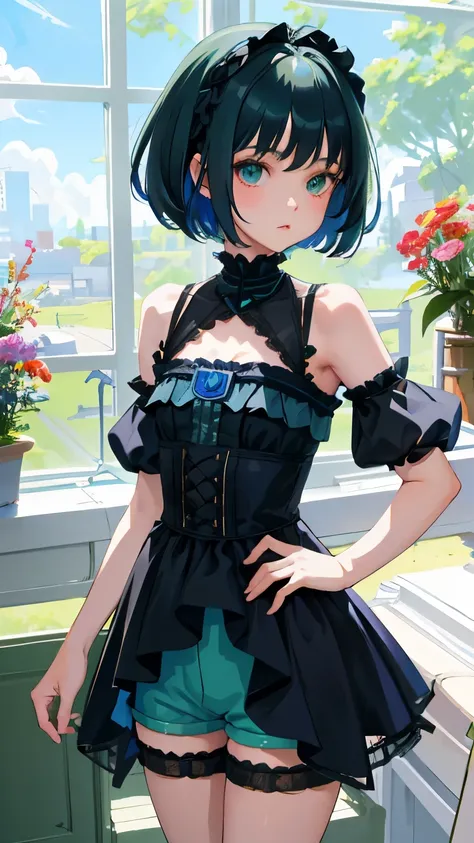 (short cute girl，small young student，young delicate girl）,（masterpiece，Top quality)，blue green lolita outfit，shorts，black hair